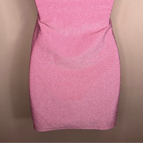 Medium Divided Pink Shimmer Fitted Bodycon Dress Strapless Stretch Event Party - Picture 10 of 13